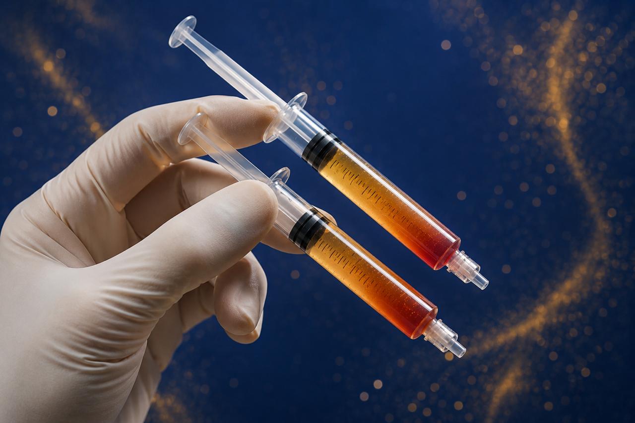 Duas seringas com material processado em ambiente clínico